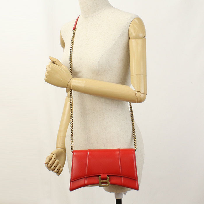 BALENCIAGA Hourglass Leather Chain Shoulder Bag - Red