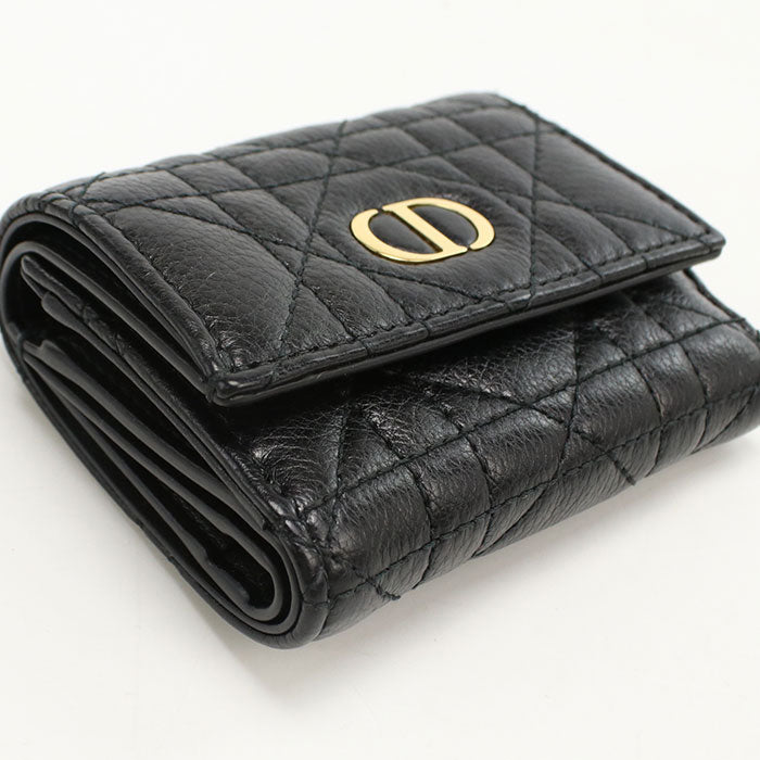 Dior Caro Hibiscus Calfskin Tri-fold Compact Wallet - Black