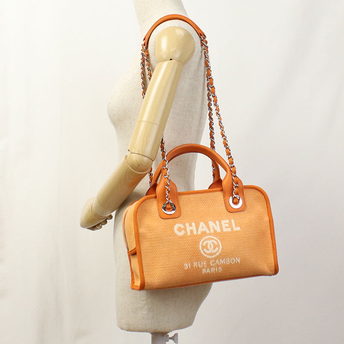 CHANEL Deauville Bowling Bag Canvas Handbag with Chain Shoulder Bag - Orange