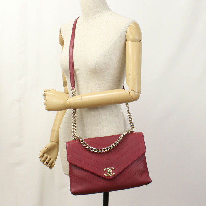 CHANEL Chevron V-Stitch Coco Mark Leather Chain Shoulder Bag - Red