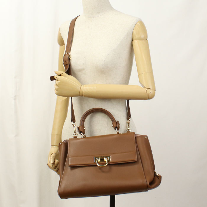 Ferragamo Sofia Gancini Calfskin Handbag/Shoulder Bag - Brown