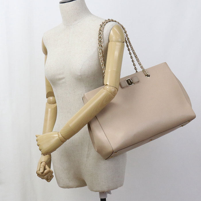 FERRAGAMO Vara Ribbon Calfskin Chain Tote Bag - Beige