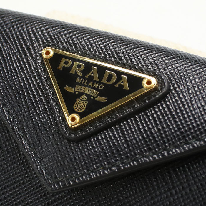 PRADA Saffiano Triangle Calfskin Tri-fold Compact Wallet - Black