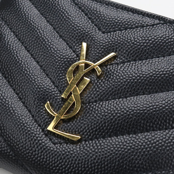 Saint Laurent Cassandra Monogram Caviar Leather Bi-Fold Compact Wallet - Black