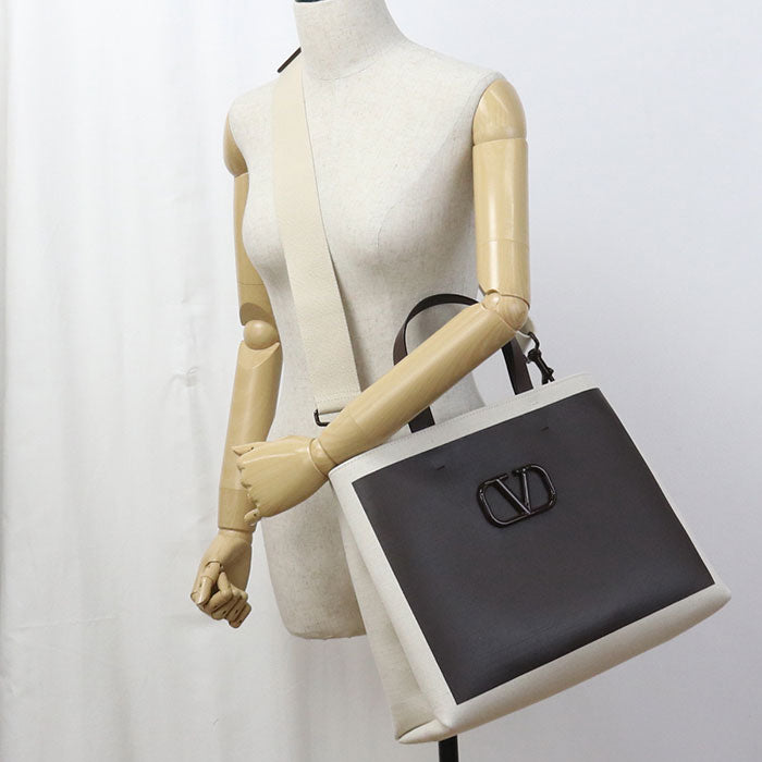 Valentino V Logo Signature Shopping Bag Canvas Tote Bag Shoulder Bag - Brown and White