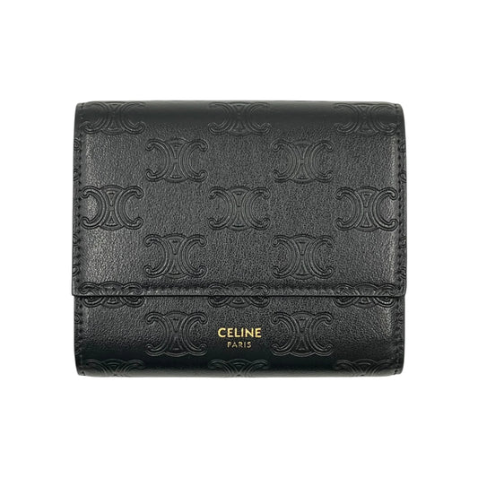 CELINE Triomphe Embossed Small Tri-Fold Compact Wallet - Black 