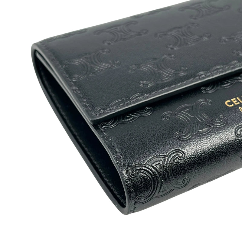 CELINE Triomphe Embossed Small Tri-Fold Compact Wallet - Black 