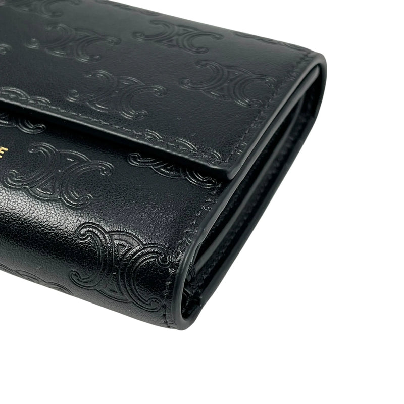 CELINE Triomphe Embossed Small Tri-Fold Compact Wallet - Black 