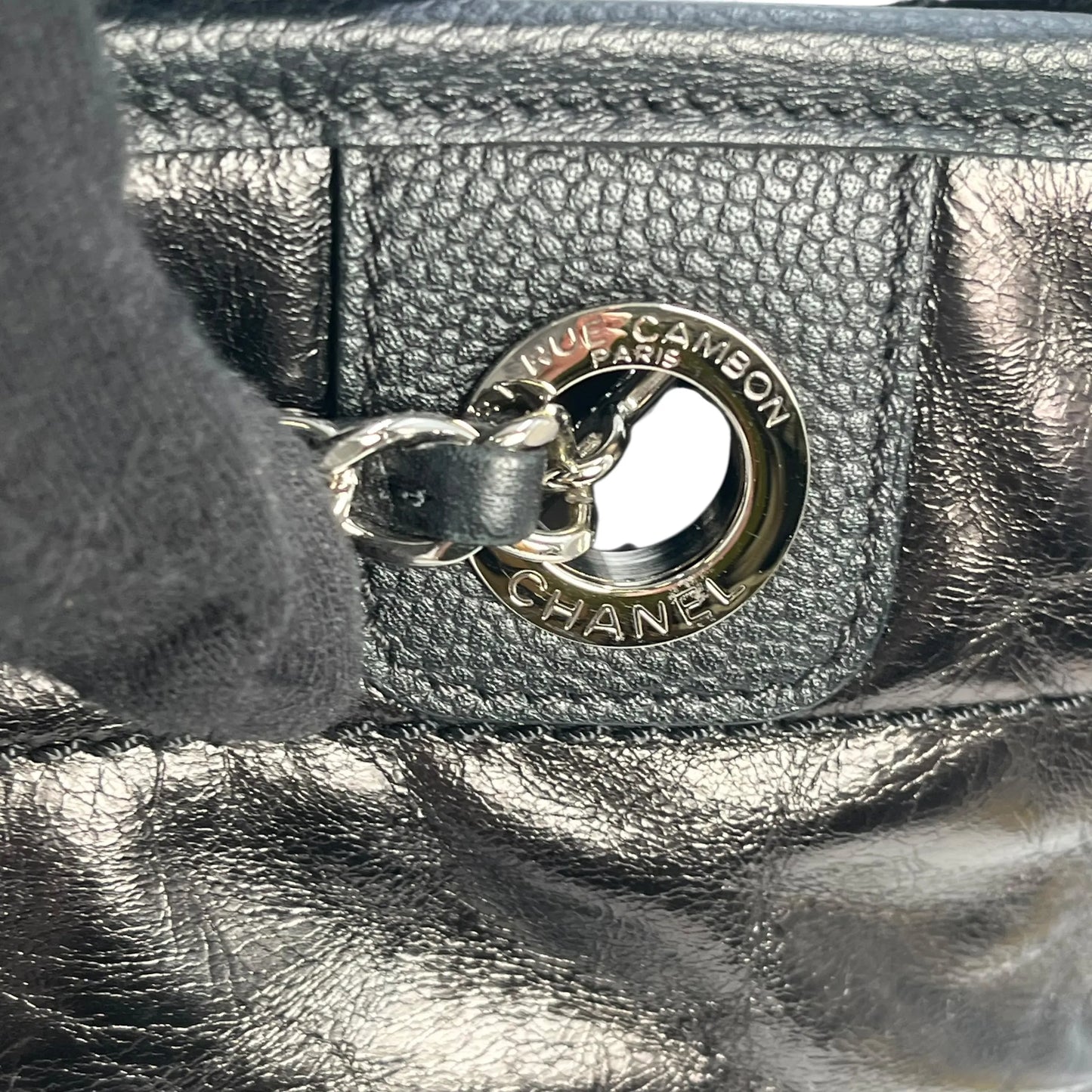 CHANEL ドーヴィルMM グレイズドレザー トートバッグ - ブラック