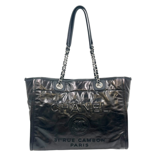 CHANEL ドーヴィルMM グレイズドレザー トートバッグ - ブラック