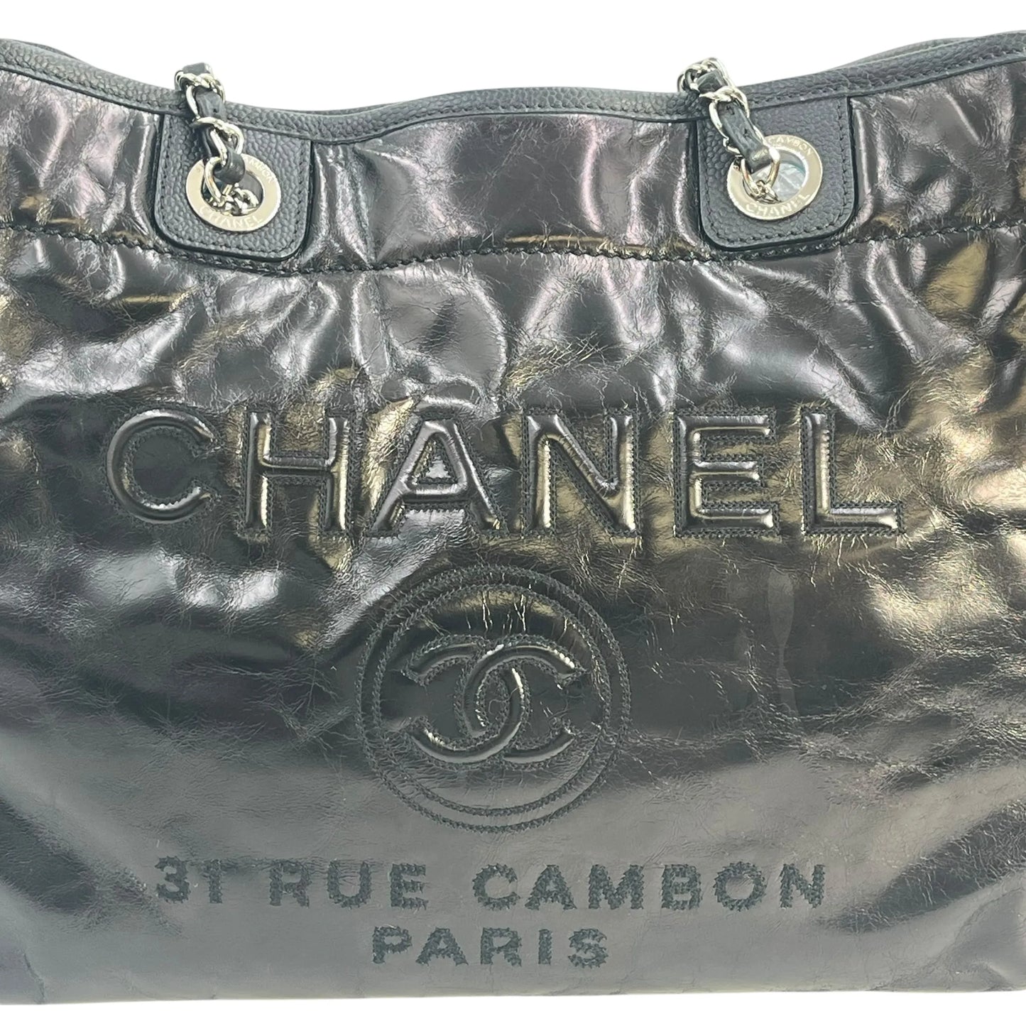 CHANEL ドーヴィルMM グレイズドレザー トートバッグ - ブラック