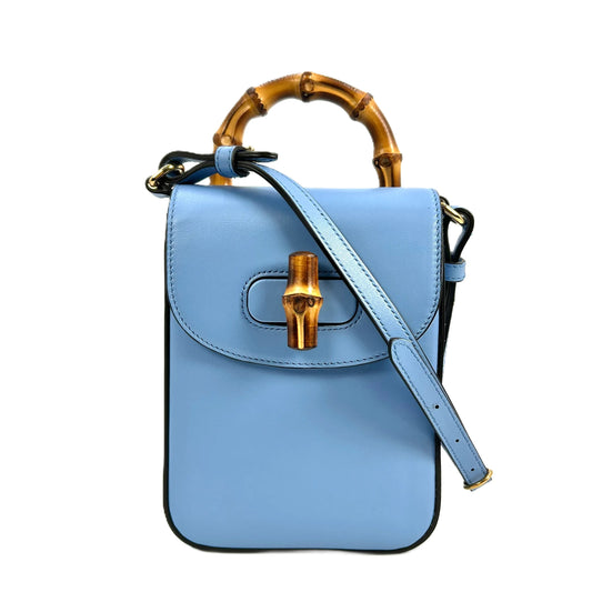 GUCCI Bamboo Leather Mini Handbag Shoulder Bag - Blue 