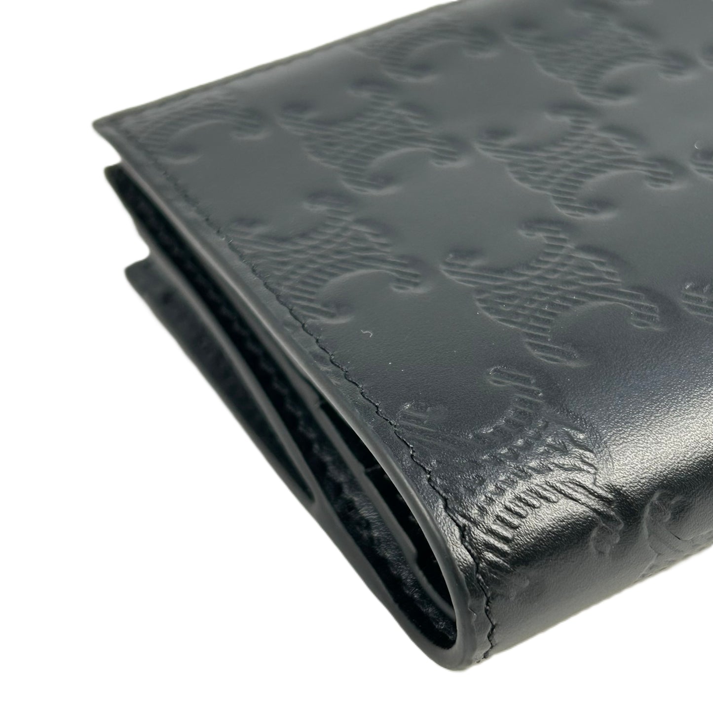 CELINE Triomphe Embossed Calfskin Compact Wallet - Black 