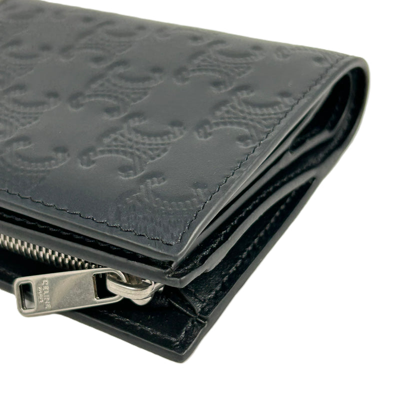 CELINE Triomphe Embossed Calfskin Compact Wallet - Black 