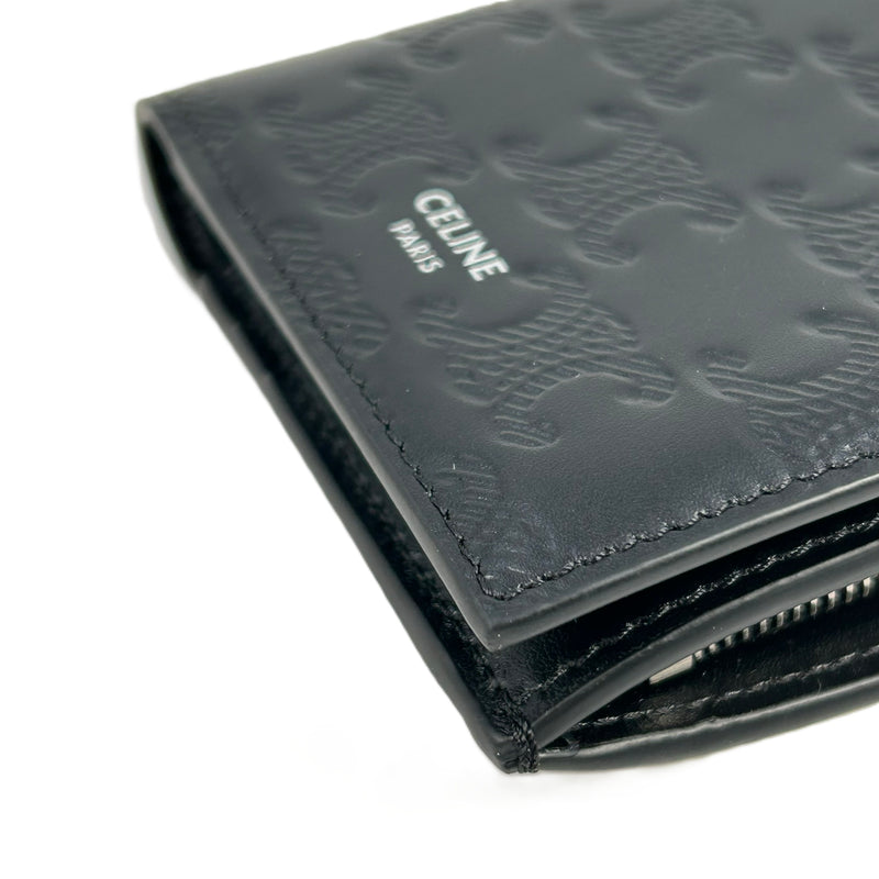 CELINE Triomphe Embossed Calfskin Compact Wallet - Black 