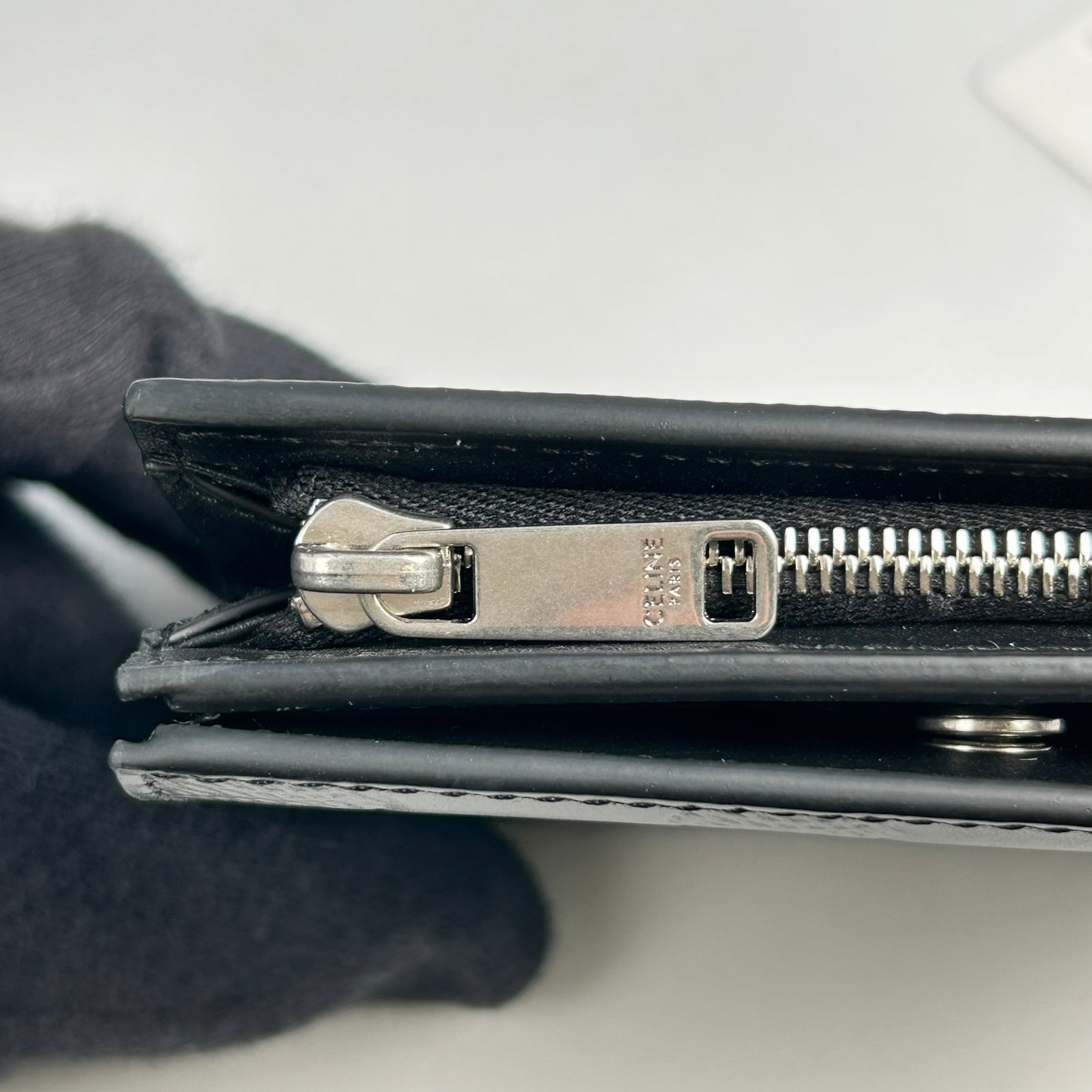 CELINE Triomphe Embossed Calfskin Compact Wallet - Black 