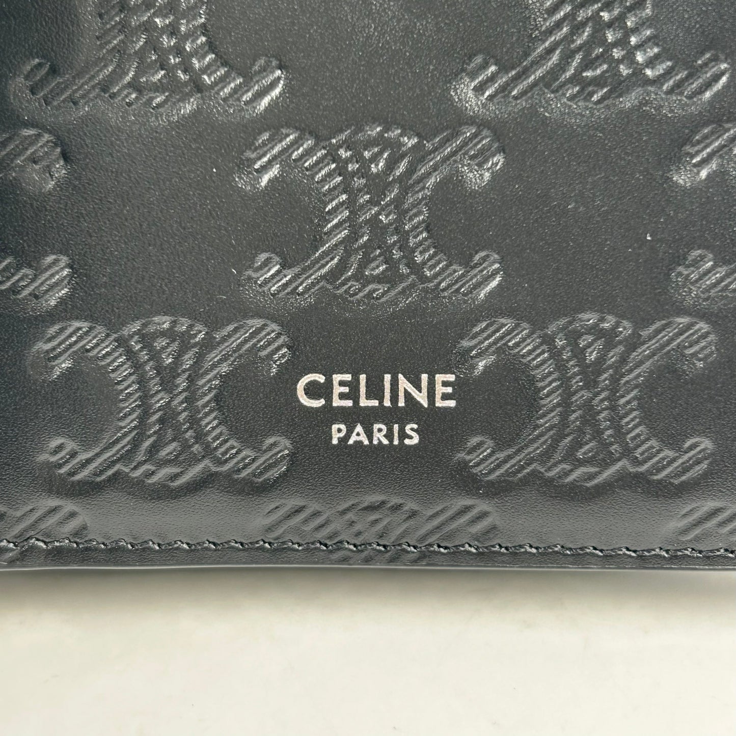 CELINE Triomphe Embossed Calfskin Compact Wallet - Black 