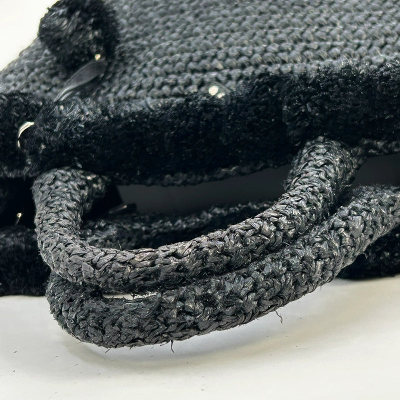 PRADA Raffia Pom-Pom Handbag/Shoulder Bag - Black 