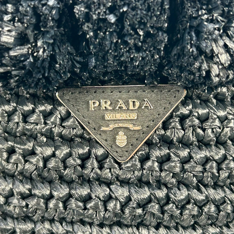 PRADA Raffia Pom-Pom Handbag/Shoulder Bag - Black 