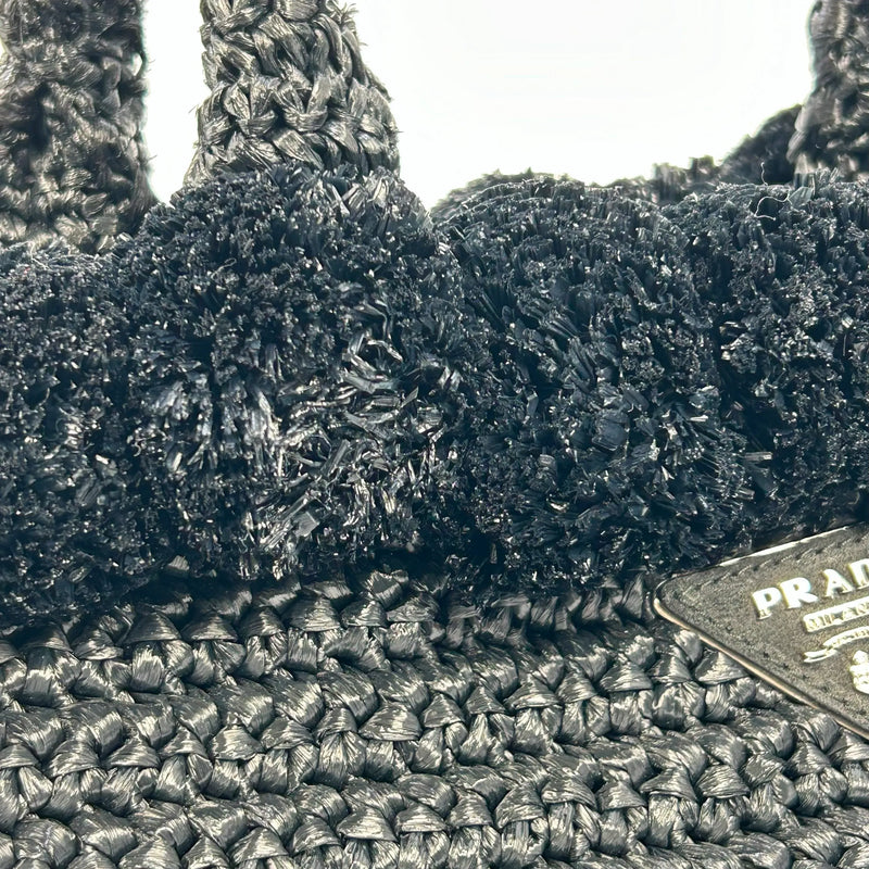 PRADA Raffia Pom-Pom Handbag/Shoulder Bag - Black 