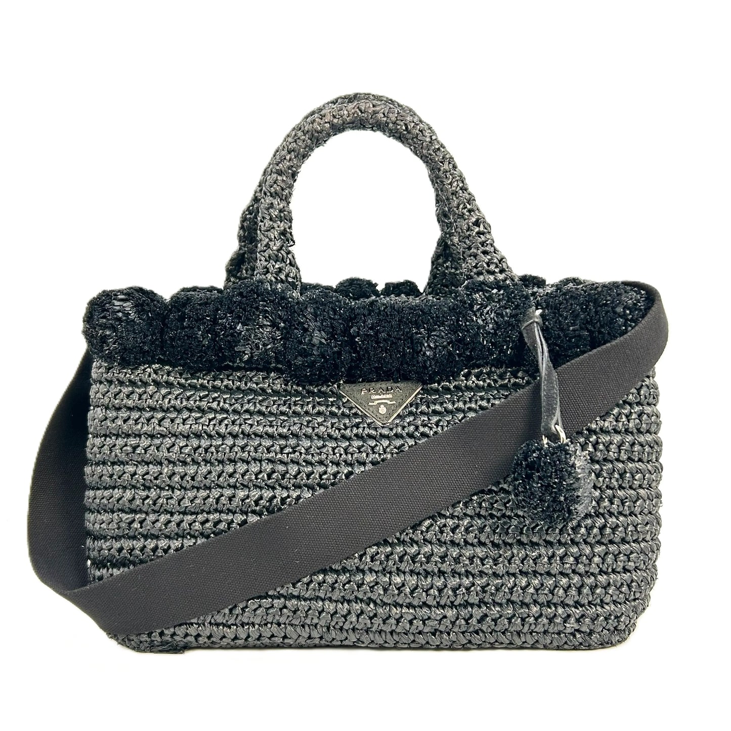 PRADA Raffia Pom-Pom Handbag/Shoulder Bag - Black 