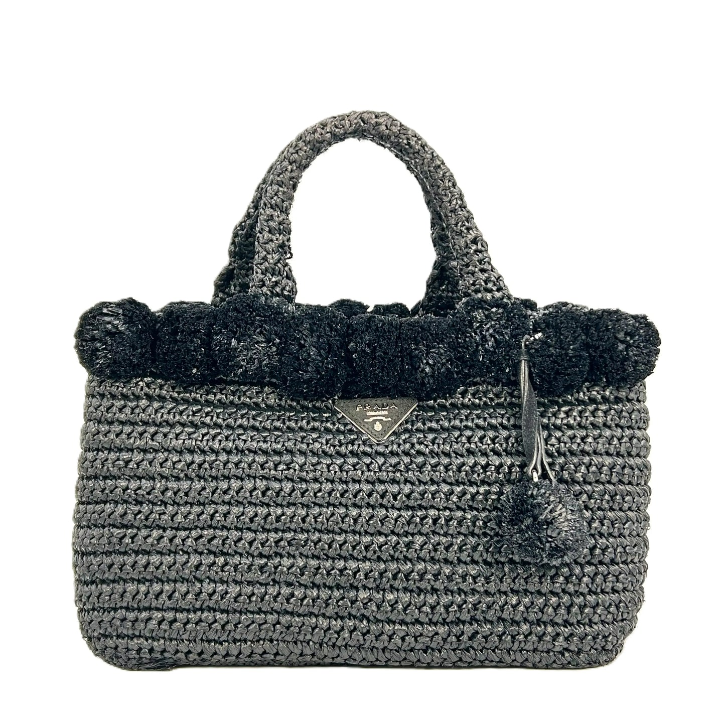PRADA Raffia Pom-Pom Handbag/Shoulder Bag - Black 