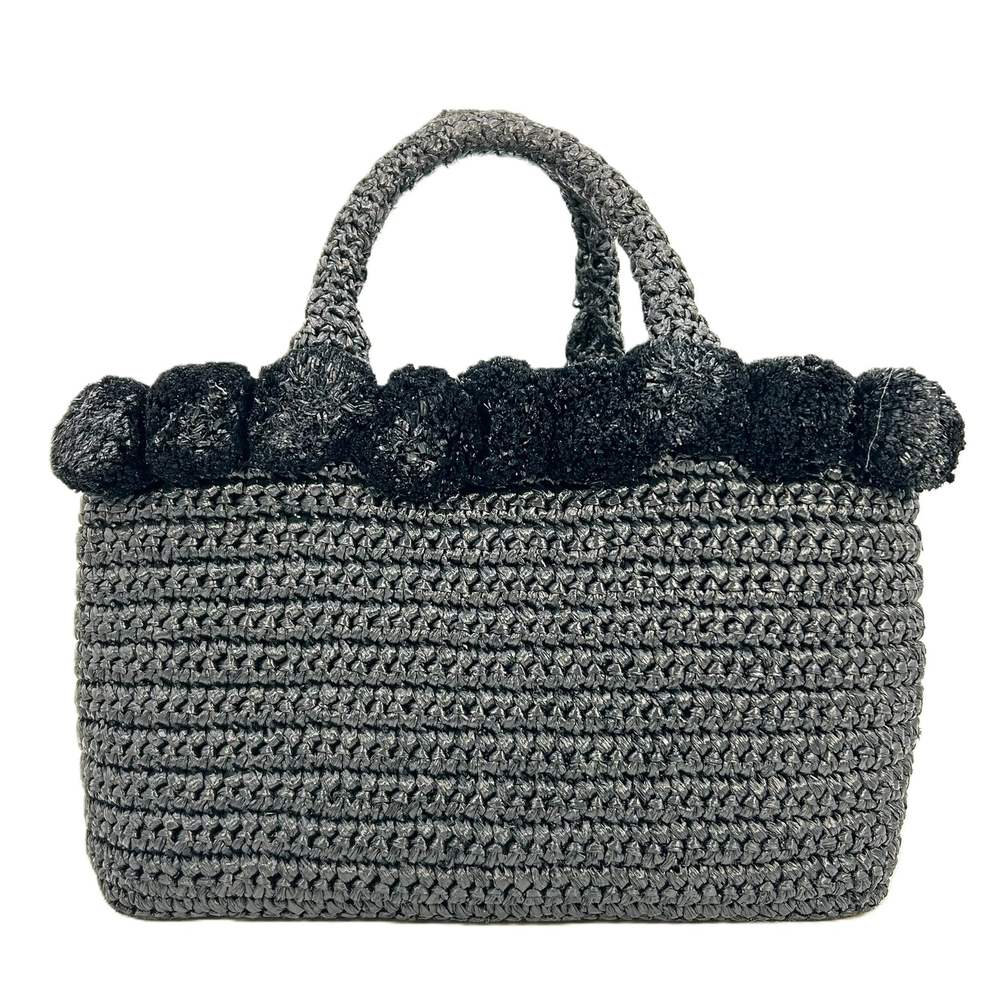 PRADA Raffia Pom-Pom Handbag/Shoulder Bag - Black 