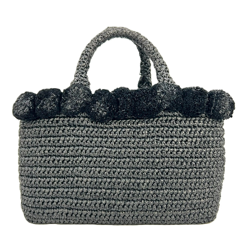 PRADA Raffia Pom-Pom Handbag/Shoulder Bag - Black 