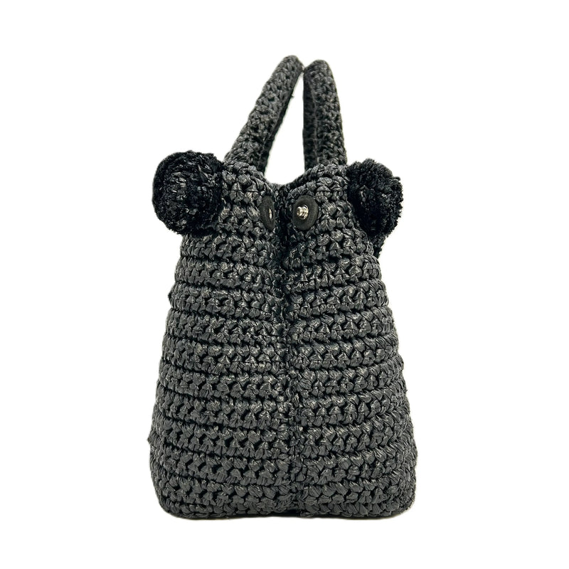 PRADA Raffia Pom-Pom Handbag/Shoulder Bag - Black 