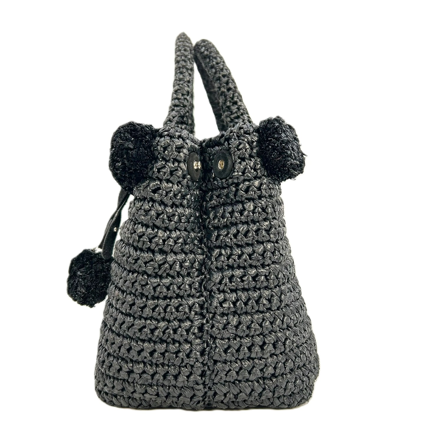 PRADA Raffia Pom-Pom Handbag/Shoulder Bag - Black 