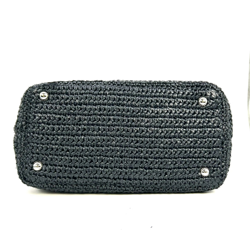 PRADA Raffia Pom-Pom Handbag/Shoulder Bag - Black 
