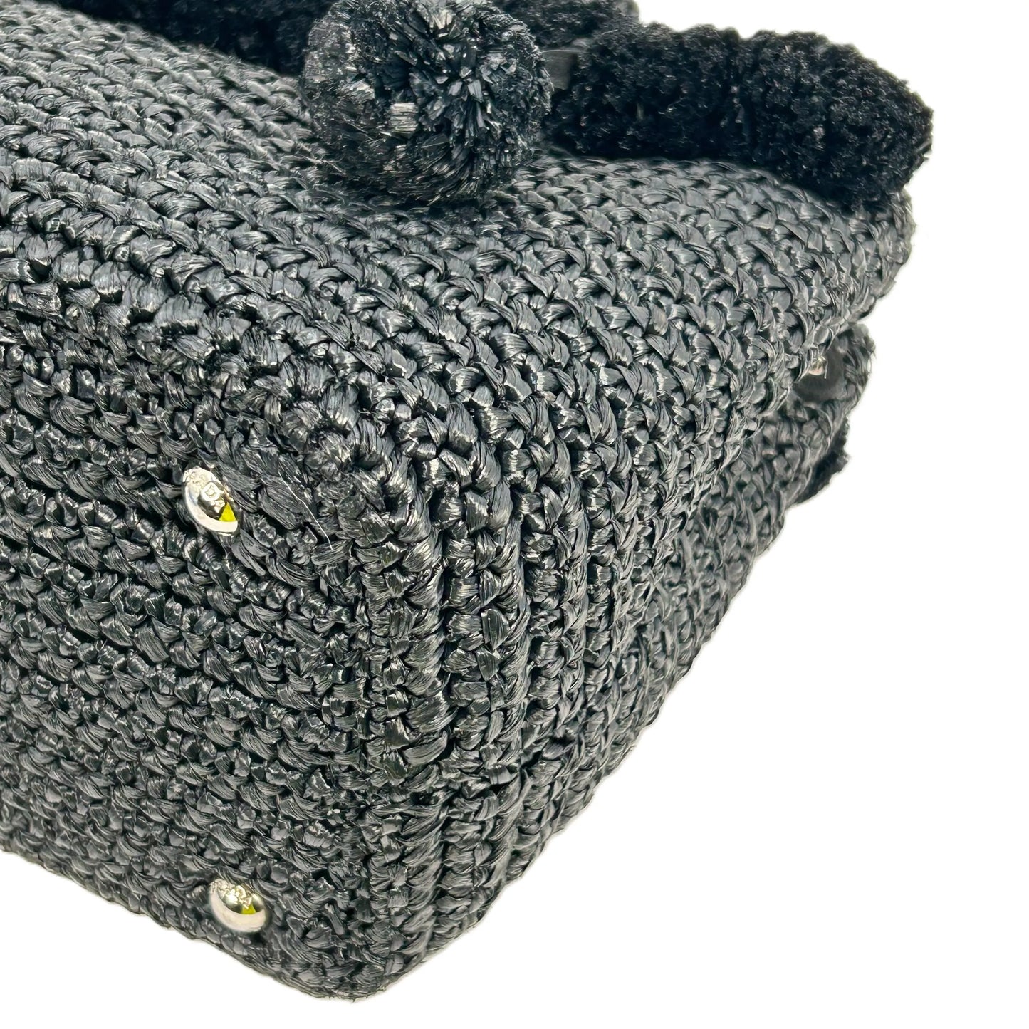 PRADA Raffia Pom-Pom Handbag/Shoulder Bag - Black 