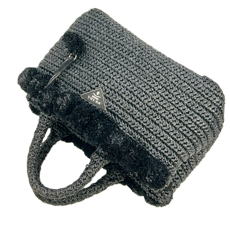 PRADA Raffia Pom-Pom Handbag/Shoulder Bag - Black 