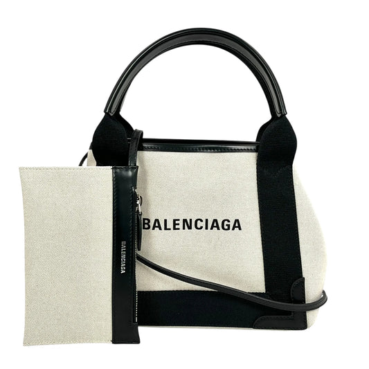 BALENCIAGA Navy Cabas XS Canvas Handbag/Shoulder Bag - White/Black 