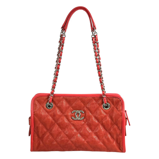CHANEL French Riviera Caviar Leather Chain Shoulder Bag - Red 