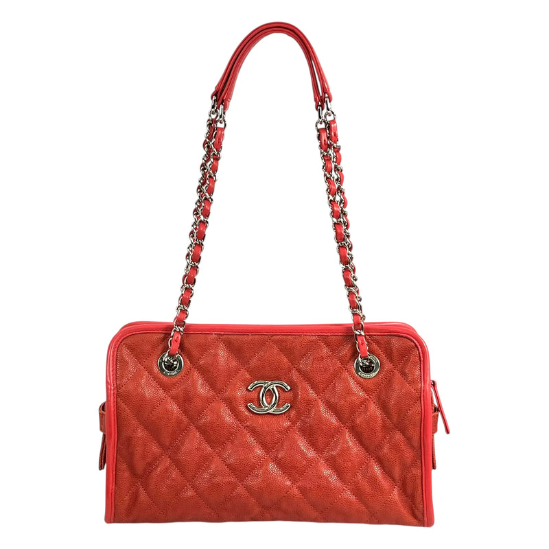 CHANEL French Riviera Caviar Leather Chain Shoulder Bag - Red 