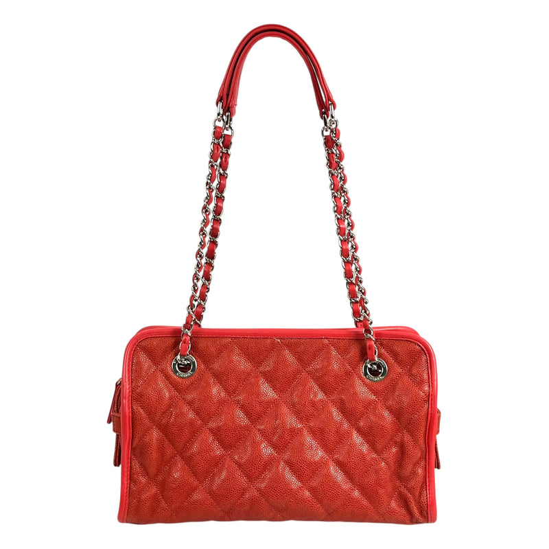 CHANEL French Riviera Caviar Leather Chain Shoulder Bag - Red 