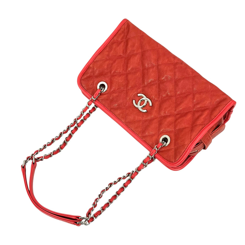 CHANEL French Riviera Caviar Leather Chain Shoulder Bag - Red 
