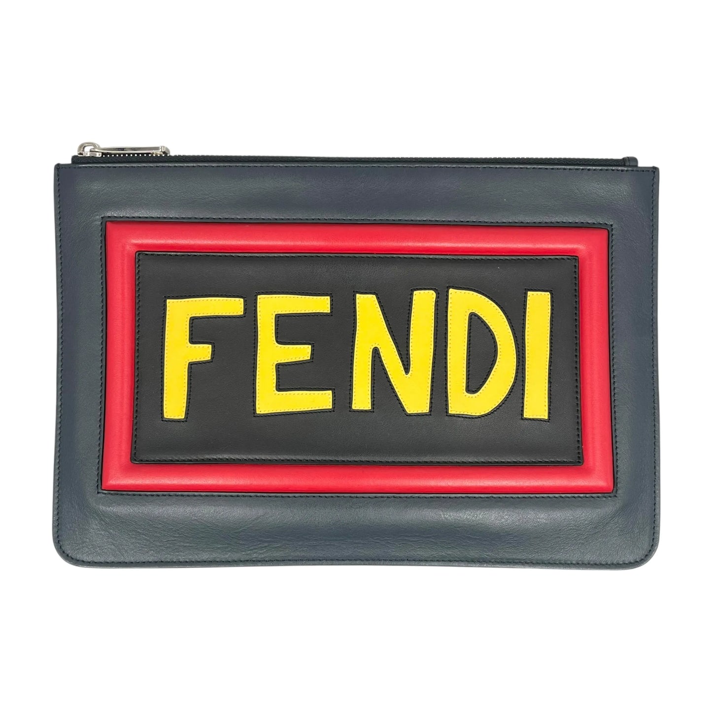 FENDI Roma Sync Logo Leather Clutch Bag - Navy
