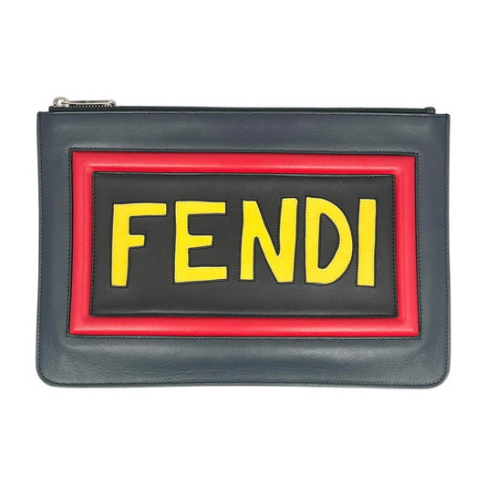 FENDI Roma Sync Logo Leather Clutch Bag - Navy