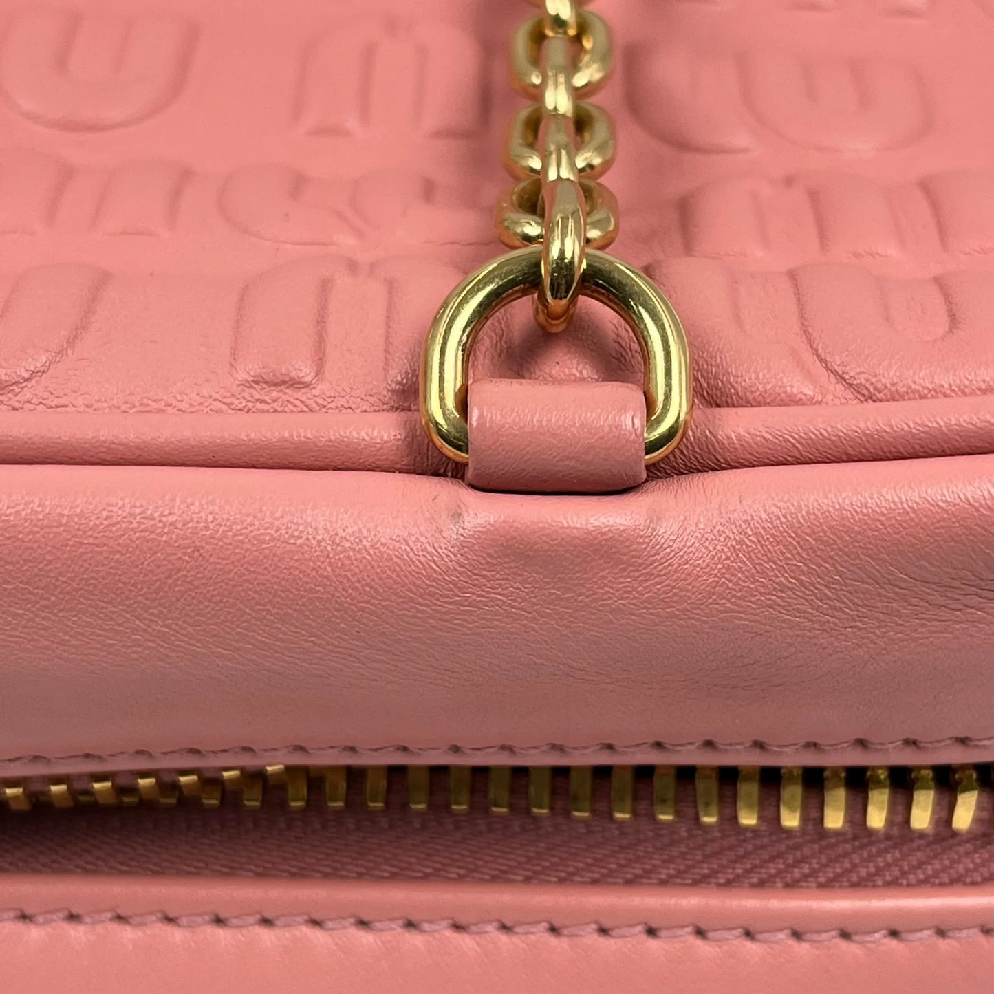 MiuMiu Embossed Logo Nappa Leather Chain Shoulder Bag - Pink 