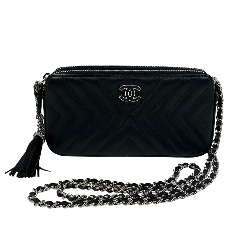 CHANEL Chevron Lambskin Chain Wallet - Black 