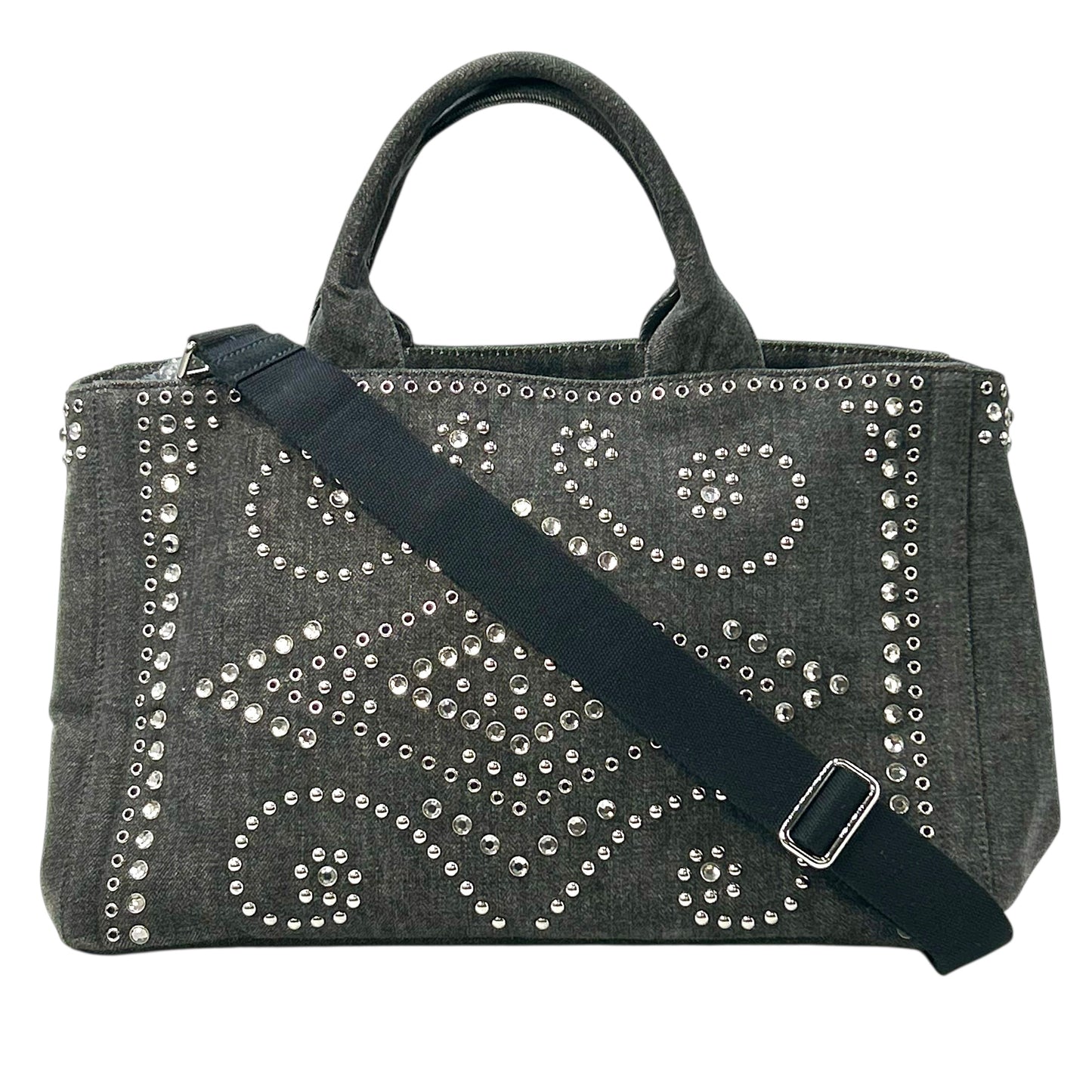 PRADA Canapa Rhinestone Handbag - Charcoal Grey 