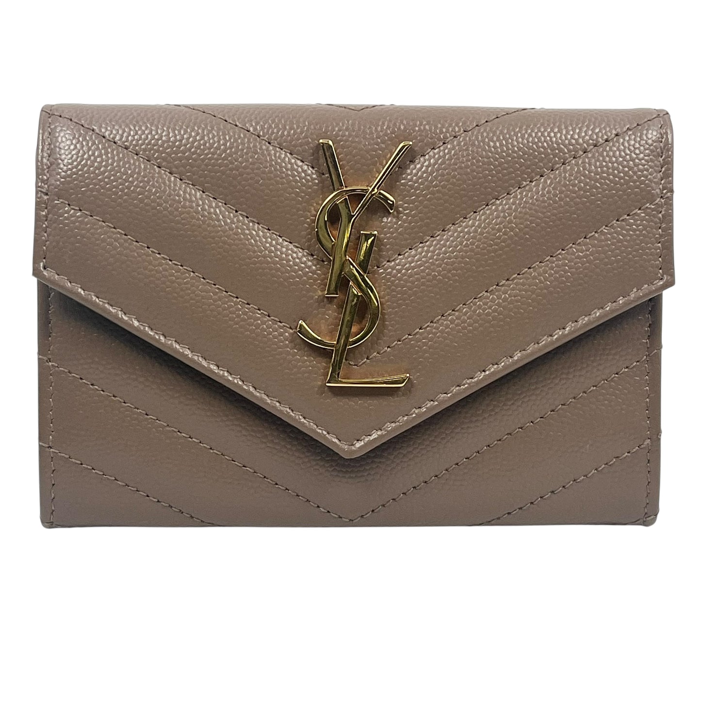Saint Laurent Cassandra Matelasse Card Case Tri-fold Compact Wallet - Beige 