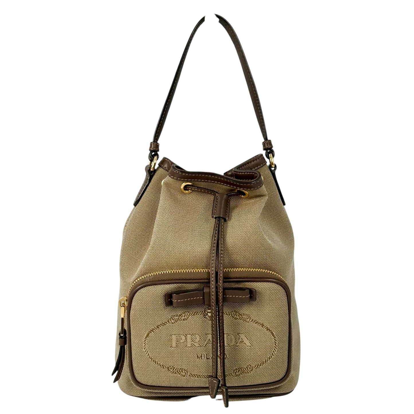 PRADA ロゴ ジャカード キャンバス ドローストリング ハンドバッグ バケットバッグ - ブラウン