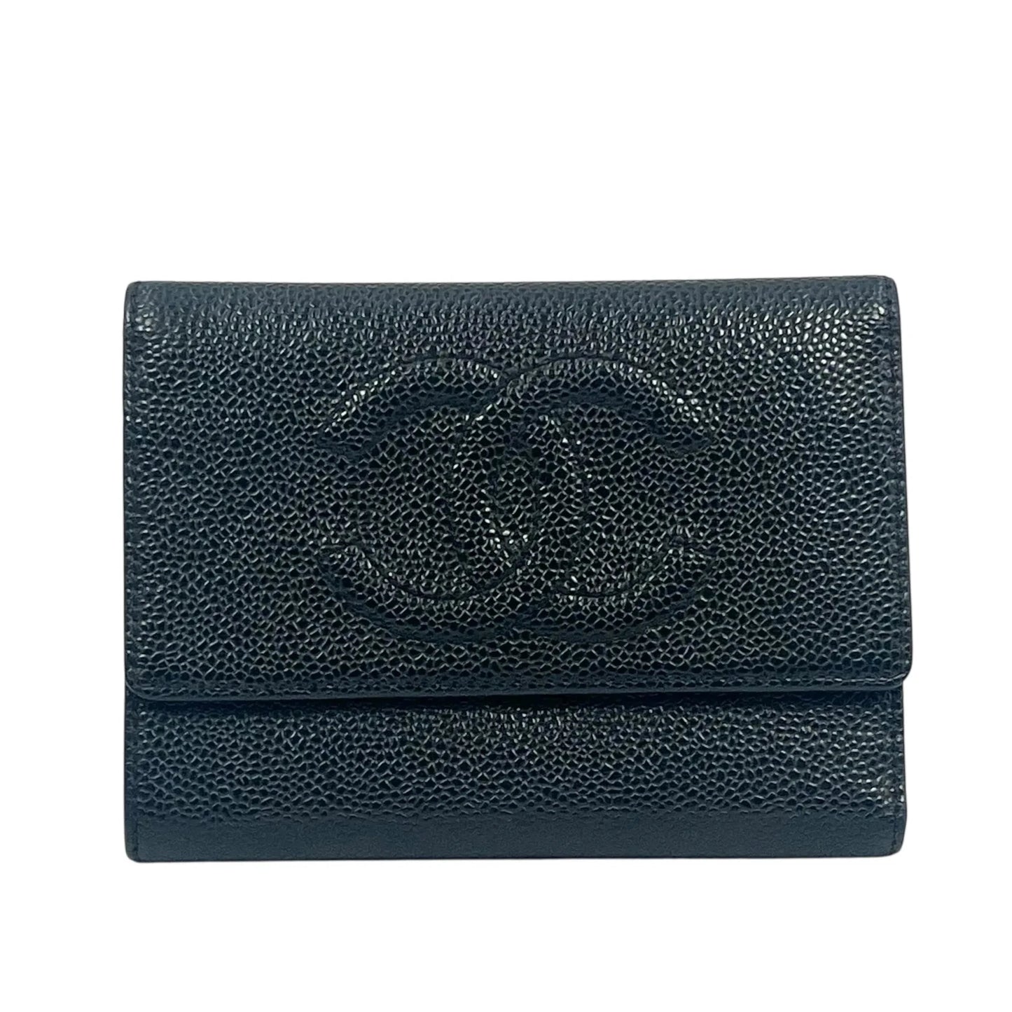 CHANEL Caviar Skin Coco Mark Tri-fold Compact Wallet - Black 