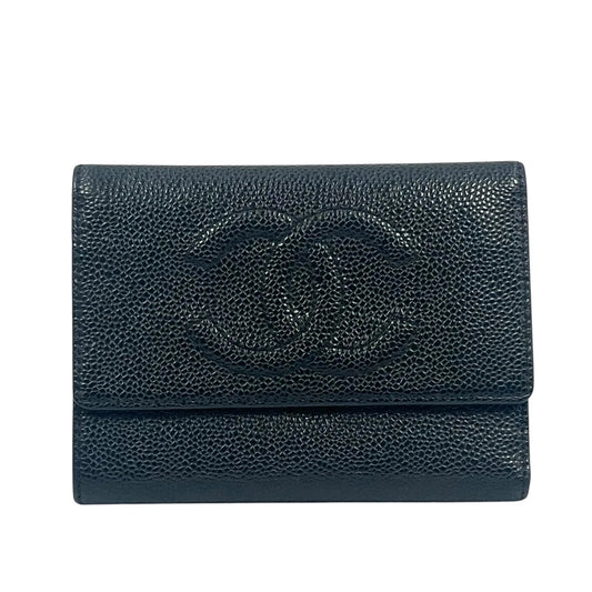 CHANEL Caviar Skin Coco Mark Tri-fold Compact Wallet - Black 
