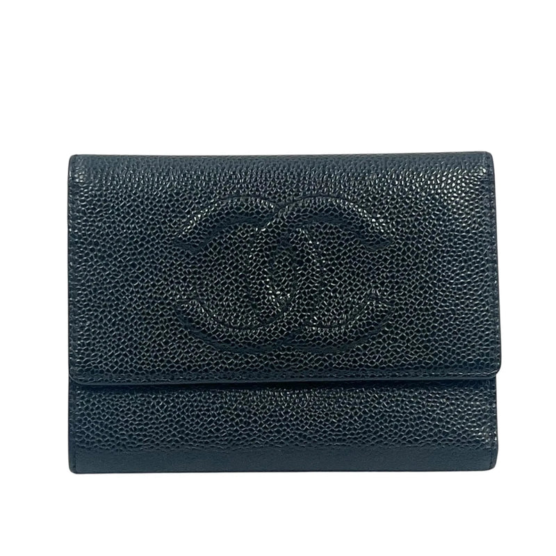 CHANEL Caviar Skin Coco Mark Tri-fold Compact Wallet - Black 