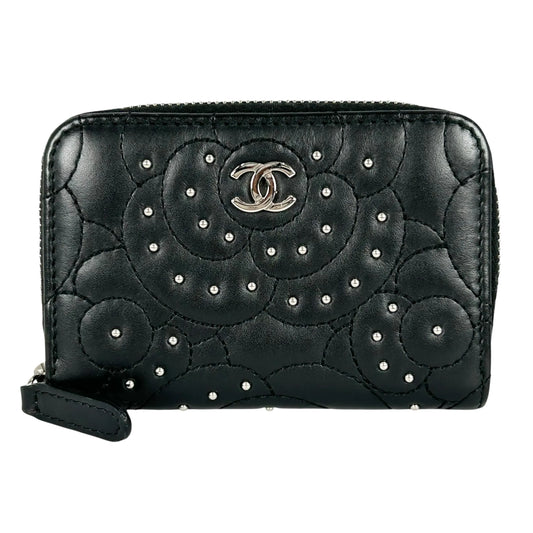 CHANEL Lambskin Camellia Coin and Card Case Wallet - Black 