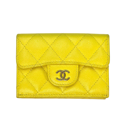 CHANEL Caviar Leather Matelasse Tri-Fold Compact Wallet - Yellow 